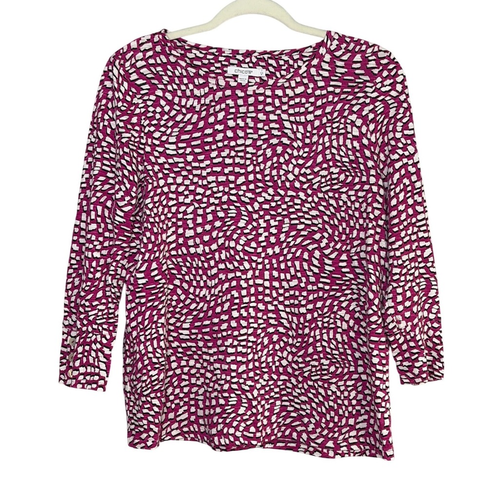 Chico's Magenta Abstract Mosaic 3/4 Sleeve Knit Top Button Cuff Size 1 Medium